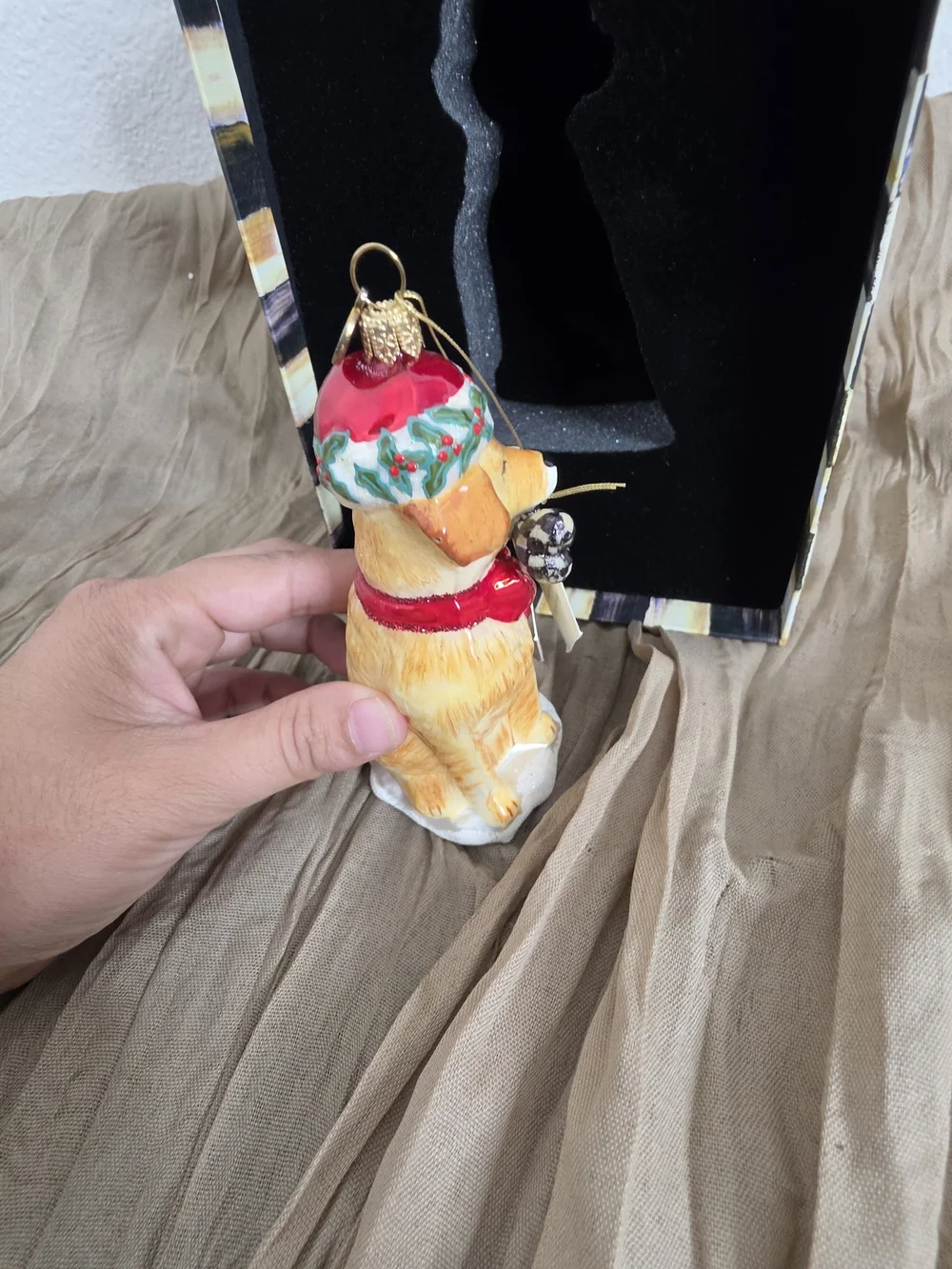 MacKenzie-Childs Golden Retriever Glass Christmas Ornament Courtly Check Boxed